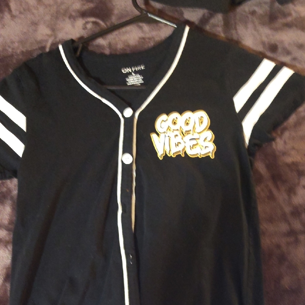 On Fire Black Baseball-Style Button Down Shirt with Gold 'Good Vibes' Graphic